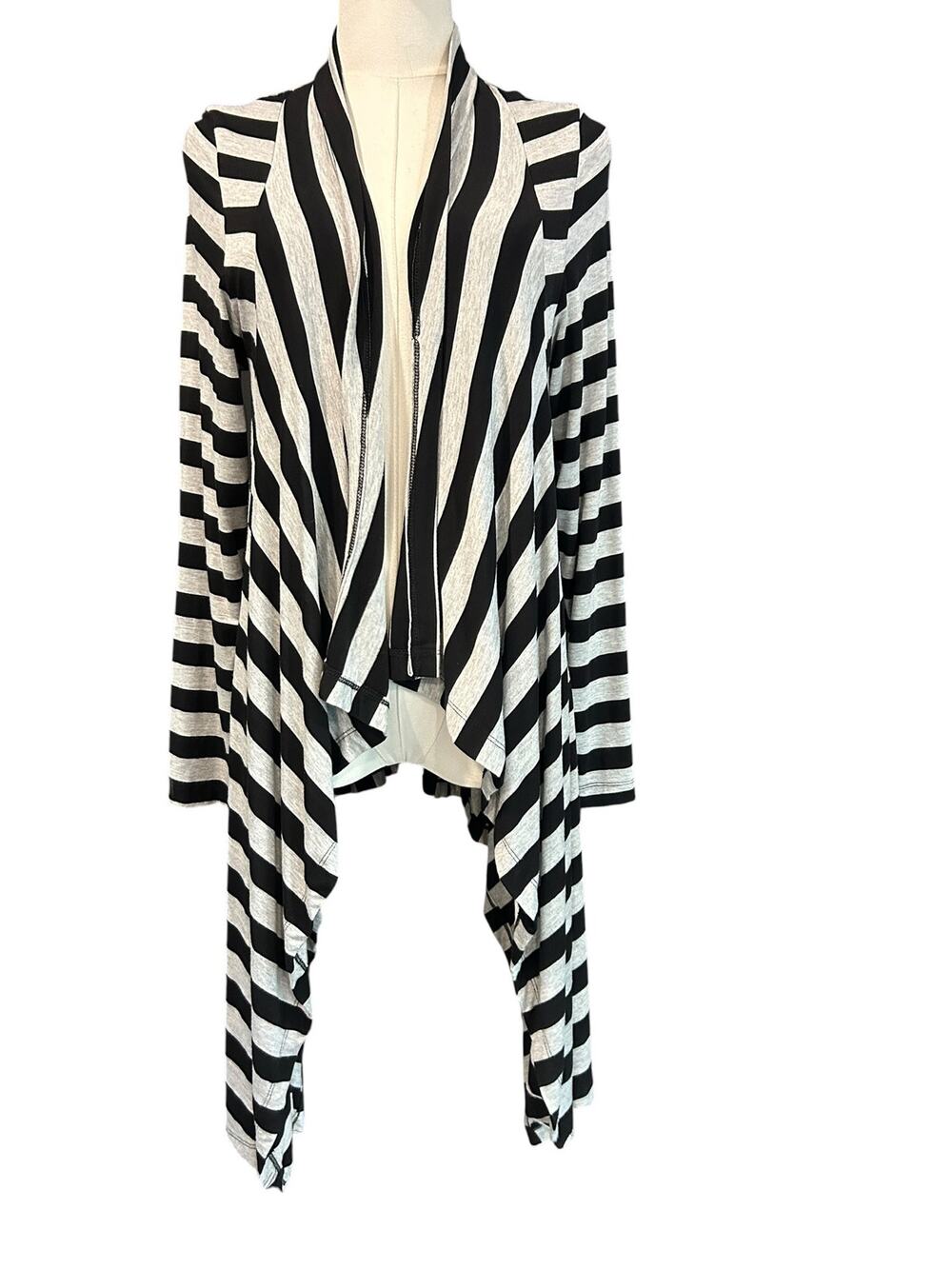 Bryn Walker Black Gray Stripe Waterfall Cardigan Lagenlook Boho Asymmetrical XS